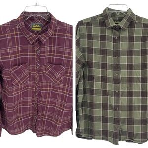 Cabela's Flannel Shirts Women's Size Large Lot Of 2 Pink/green Plaid Long Sleeve